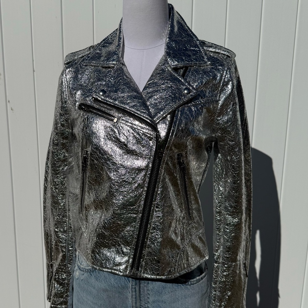 Silver leather look moto jacket by blank NYC